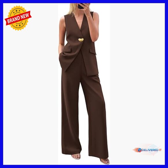 Sleeveless Blazer Vest Wide Leg Pantsuit Business Casual 2 Piece Set